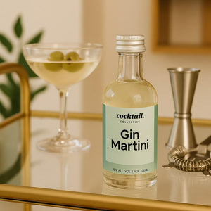 Gin martini 100ml next to a martini garnished with olives