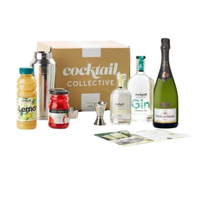 A cocktail gift set including French 75 Cocktail Kit with Gin, Champagne, Gomme Syrup, Pure Lemon Juice & Cherries & a 3-piece cocktail shake