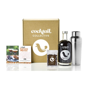 A gift set including the Espresso Martini Cocktail Kit with a bottle of Espresso Martini and a 3-piece Omaha Shaker in a Cocktail Collective box