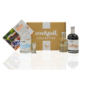Espresso Martini Cocktail Box with ingredients including 500ml Vodka, 200ml Vanilla, 500ml Coffee Liqueur.