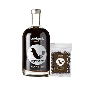 Espresso Martini pre-mixed cocktail bottle with bag of chocolate coated coffee beans