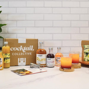 The Hurricane Cocktail Box with ingredients and cocktails