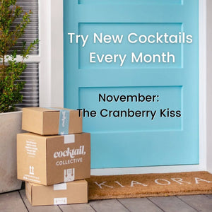 Three Cocktail Collective gift boxes delivered at a blue door with a door mat saying Kia Ora