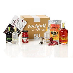 Cocktail Collective Bourbon Old Fashioned cocktail kit showing ingredients - spirits, syrup, garnishes, recipe card & spirit measure | Cocktail Collective