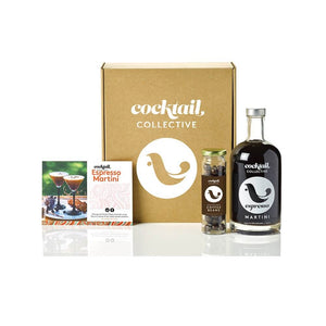 The Espresso Martini cocktail kit with a bottle of pre-mixed Espresso Martini, a jar of chocolate coffee beans and an information card displayed next to a Cocktail Collective box | Cocktail Collective