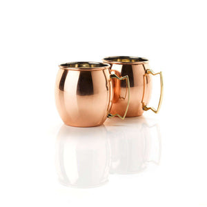 A set of 2 shiny 350ml Copper Moscow Mule Mugs with contoured gold handles from Cocktail Collective 