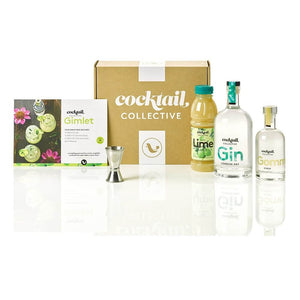 Pack shot of the Gimlet cocktail kit featuring a bottle of London Dry Gin, Pure Lime Juice & Gomme Syrup plus recipe card & spirit measure next to a kraft Cocktail Collective box