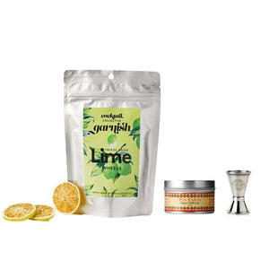 Freeze-dried lime wheel cocktail garnish, citrus chili salt and spirit measure