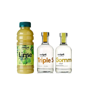 Pure lime juice, triple sec and gomme syrup bottles
