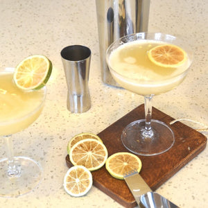 Rocks Spirit Measure with Gin Gimlet cocktails and Lime Wheel garnish