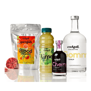 The Tropical Essentials Cocktail kit with Blood Orange cocktail garnish, 100% Pure Lime Juice, Cherry Liqueur & Gomme Syrup from Cocktail Collective
