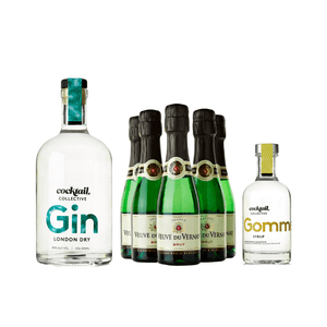 A 500ml bottle of Gin bottle & a 200ml bottle of Gomme Syrup from Cocktail Collective with five 250ml bottles of Veuve Du Vernay brut
