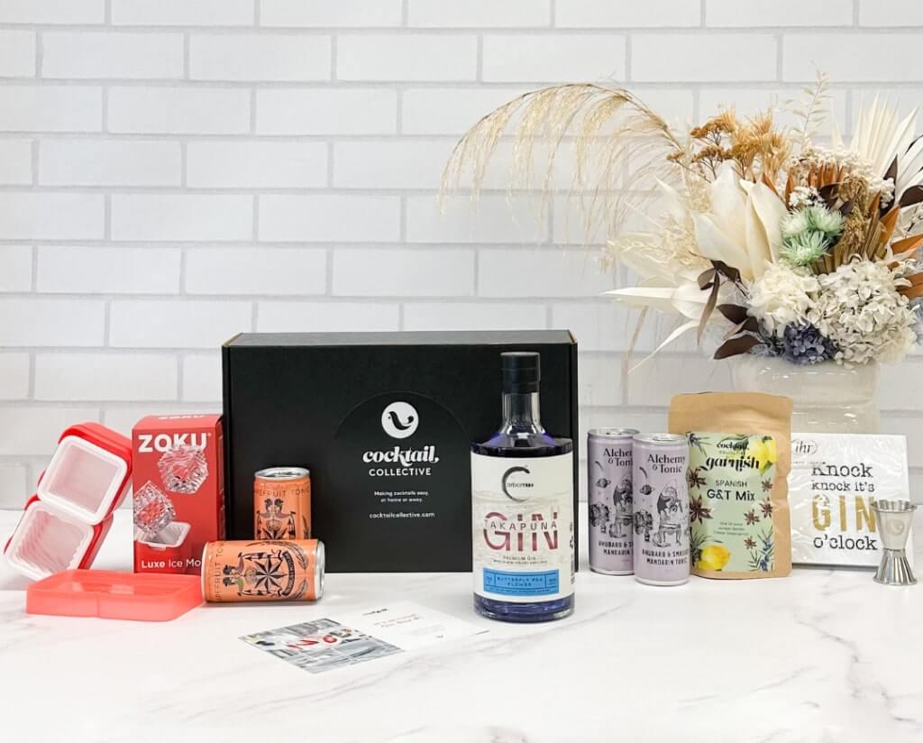 December's Gin Subscription box with Carbon6 Butterfly Pea Gin and more.