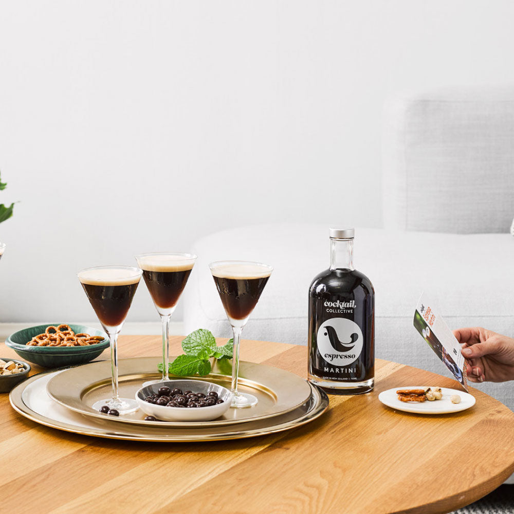Espresso Martini Cocktails on a tray with Cocktail Collective Espresso Martini Mix