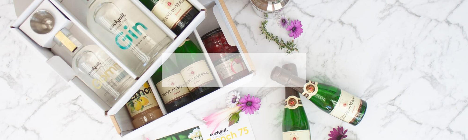 French 75 Cocktail box ingredients flat lay