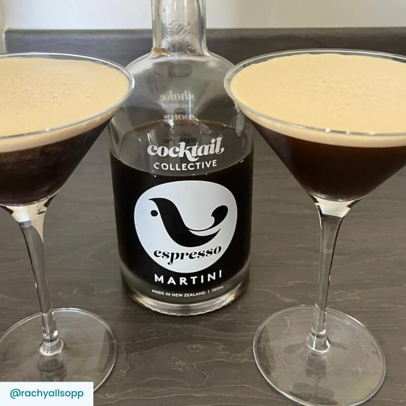 Two Espresso Martini cocktails with pre-mixed bottle