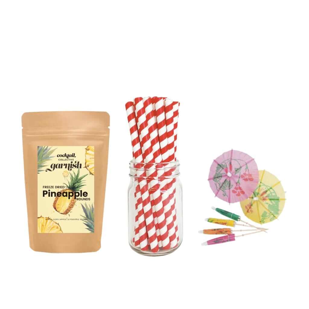 Pineapple Garnish, straws and cocktail umbrellas 