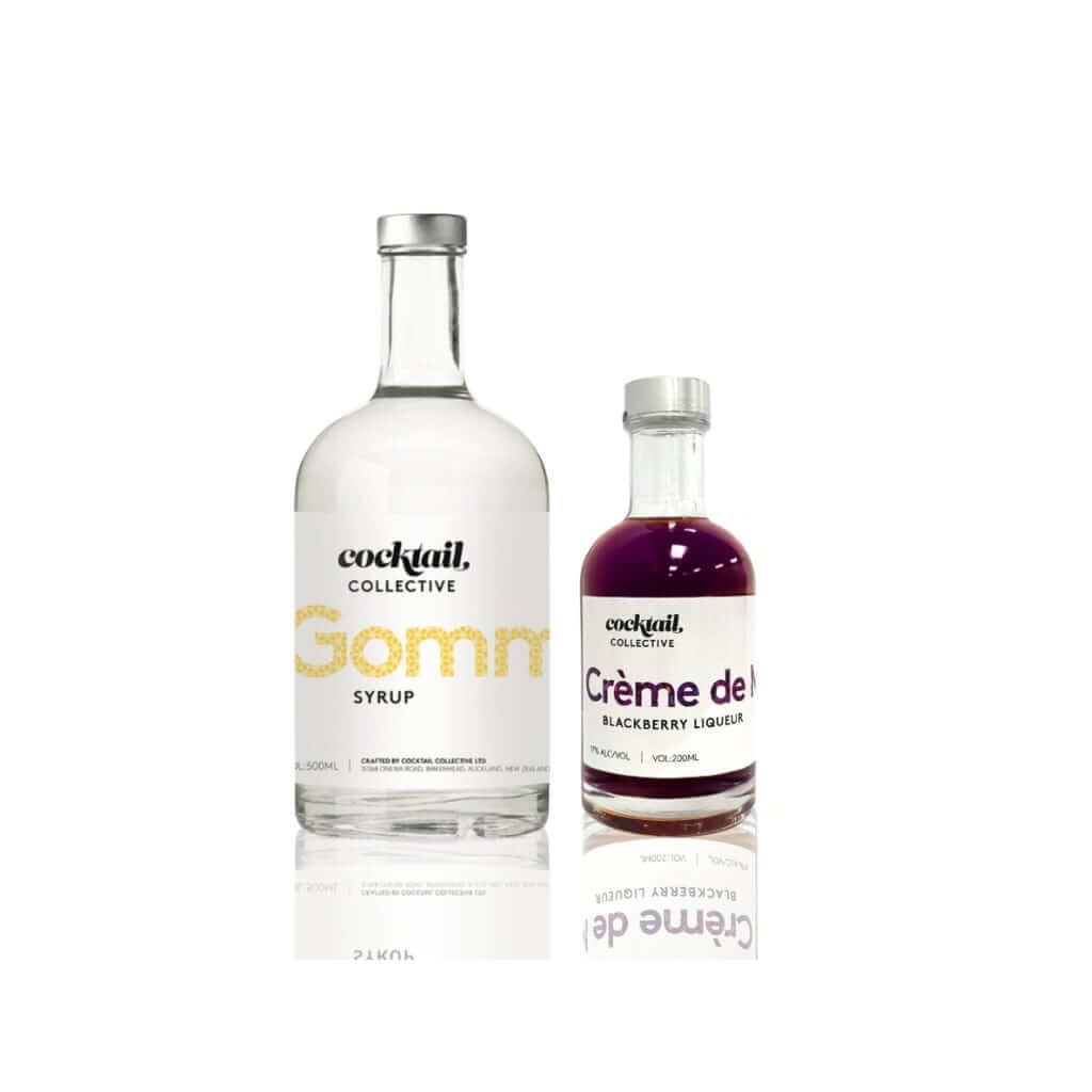 Bottles of Gomme Syrup and Crème de Mûre from Cocktail Collective