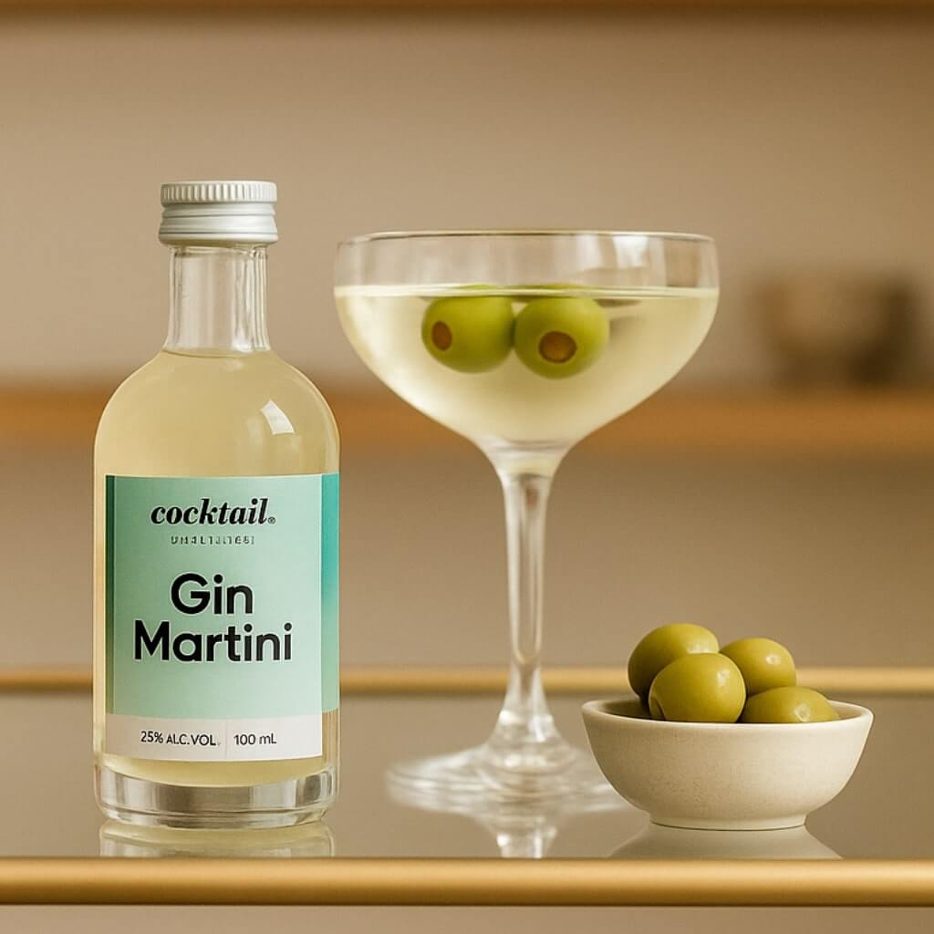 Gin martini 100ml next to a martini garnished with olives 
