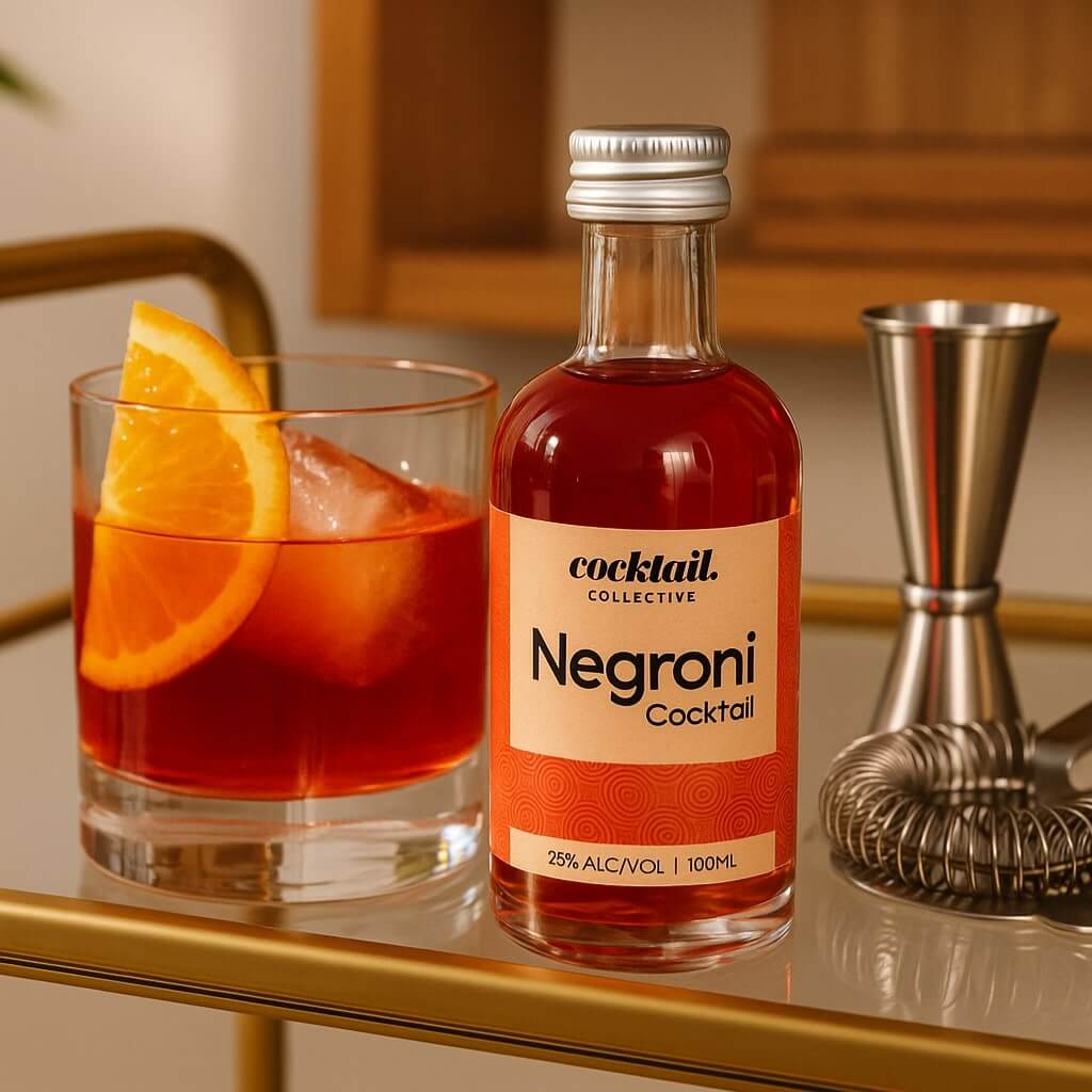 Negroni 100ml next to glass garnished with with orange 