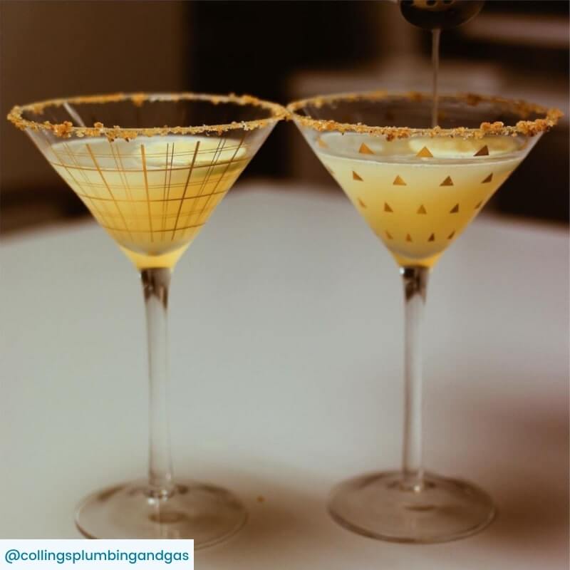 2 Margarita cocktails on a table in martini glassees with a chili salt rim 