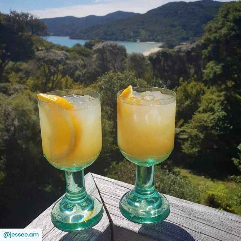 Two Lemon Drop Martini cocktails with lemon wedge garnish on a balcony with scenic background view 