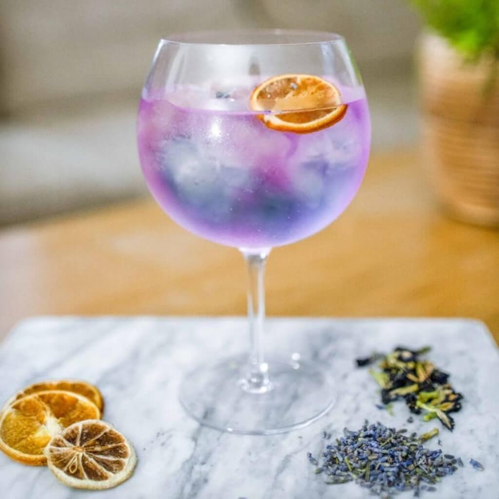 Gin & Tonic made with Butterfly Pea Gin and garnished with a lemon slice