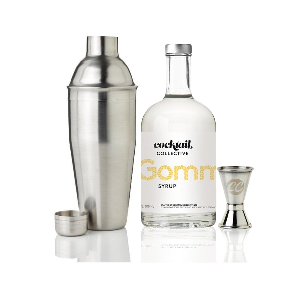 Cocktail Collective Gomme Syrup with a stainless steel cocktail shaker and double-side spirit measure