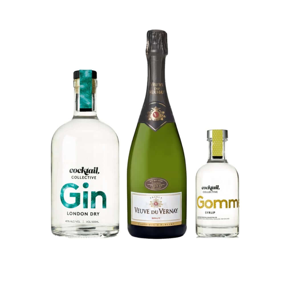A 500ml bottle of Gin bottle & a 200ml bottle of Gomme Syrup from Cocktail Collective with 1 750ml bottle of Veuve Du Vernay brut