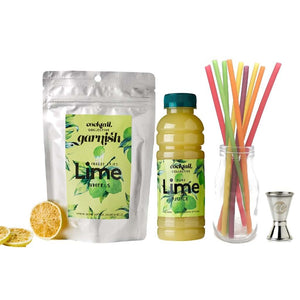 Lime wheel cocktail garnish, 350ml lime juice, 10 colourful Raw Straws & dual-sided spirit measure | Cocktail Collective