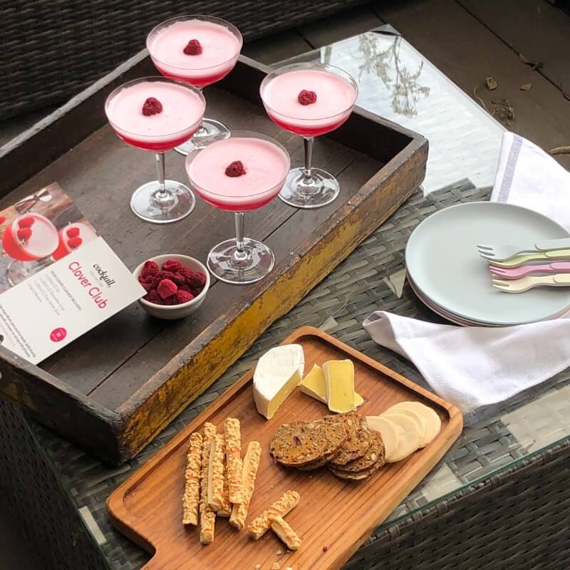 A try of Clover Club cocktails with nibbles on the deck