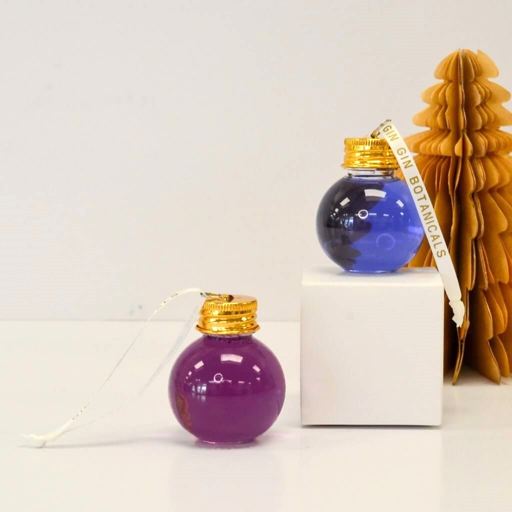 Black Doris Plum & Butterfly Pea Gin filled Christmas bauble duo