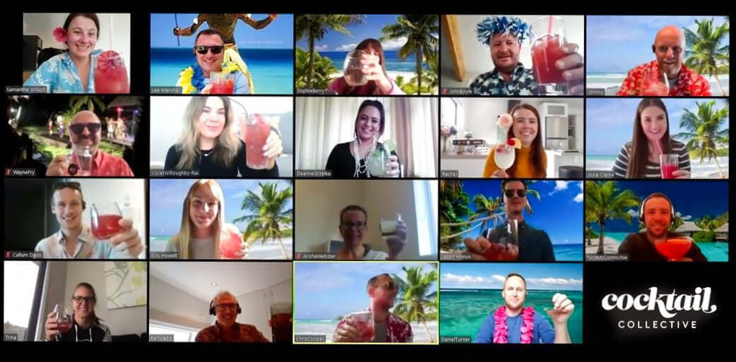 Collage of 19 people drinking cocktail at virtual Cocktail Collective event