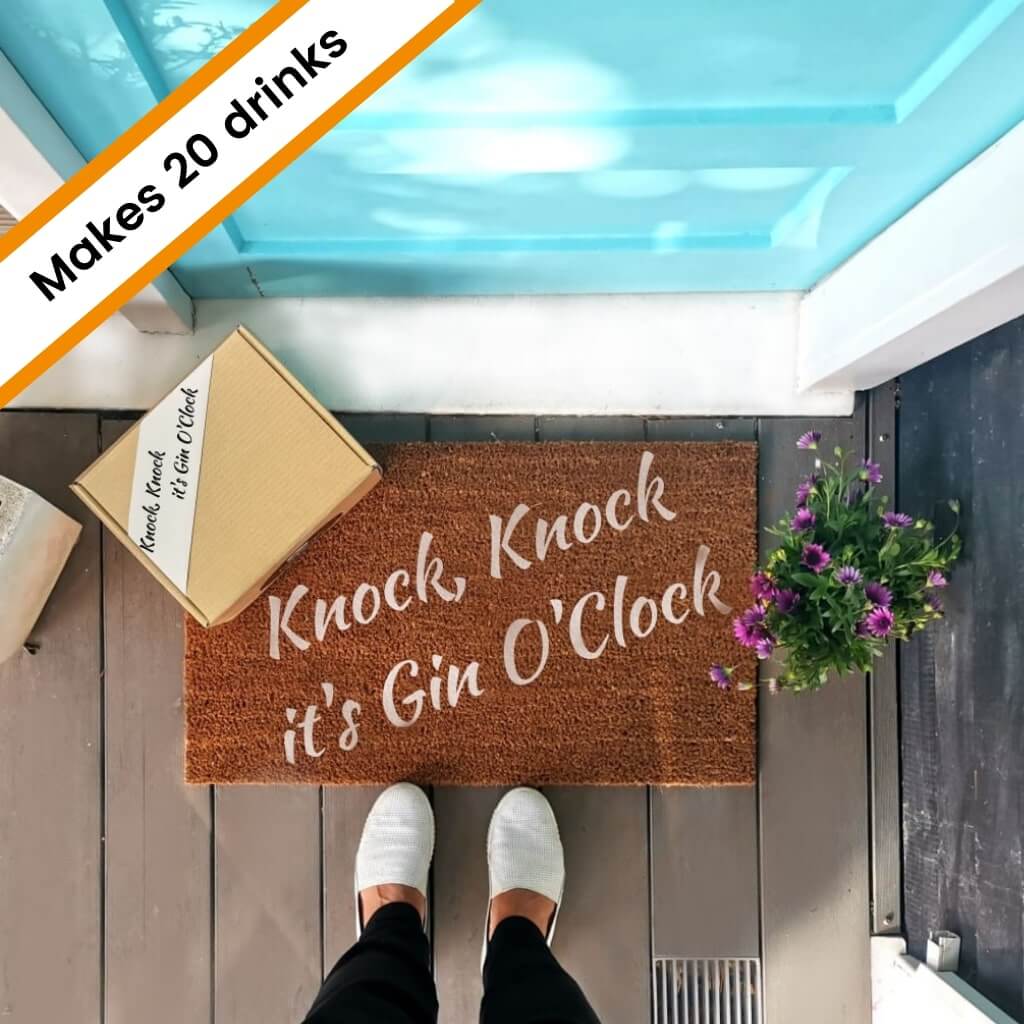 Knock, knock it's Gin O'clock door mat and cocktail box at blue door