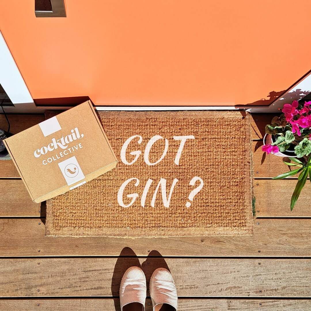 Cocktail box with 'Got Gin?' Doormat outside an orange door