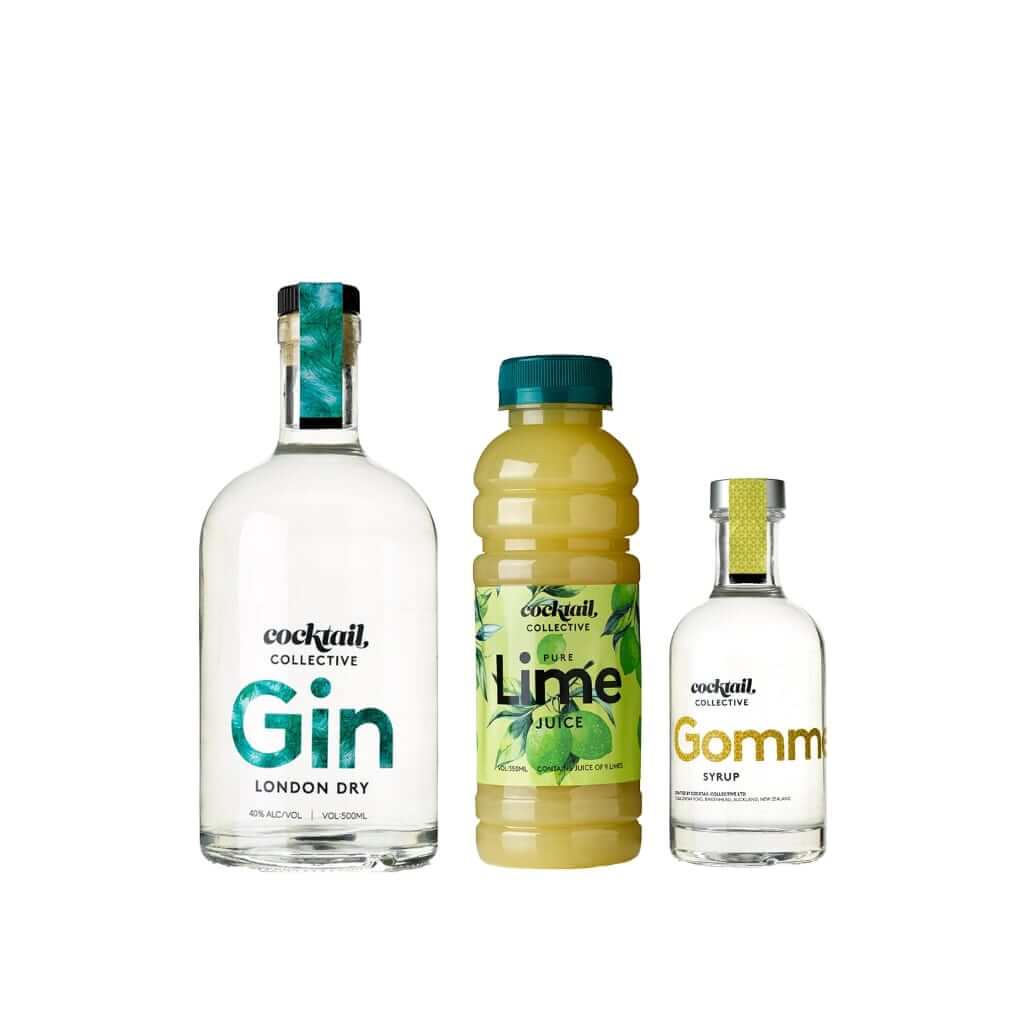 Cocktail Collective Gin Gimlet ingredients including 500ml Gin, 350ml Lime Juice, 200ml Gomme Syrup 