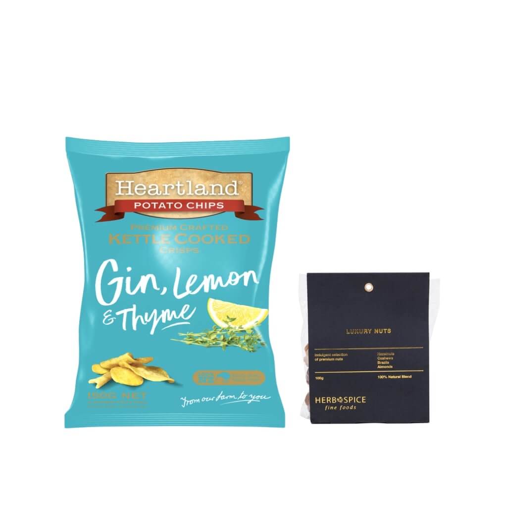 Snacks including: Gin, Lemon and Thyme Chips, Luxury Nuts