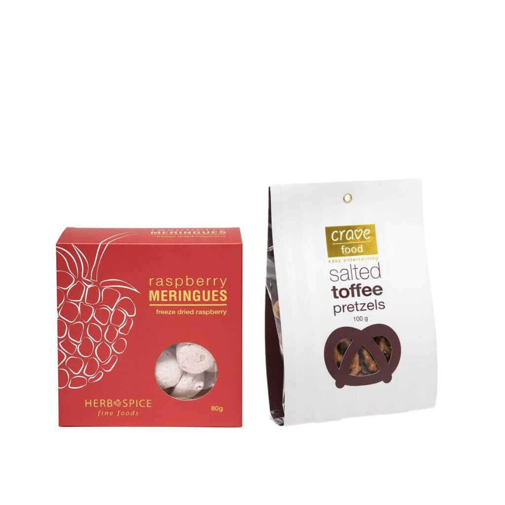 Snacks including: Raspberry Meringues, Salted Toffee Pretzels 