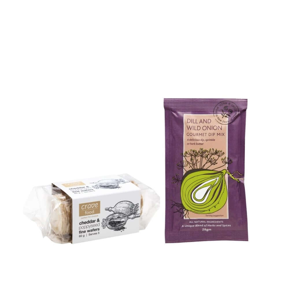 Snacks including: Cheddar & poppy seed wafers, Dill and wild onion gourmet dip mix 