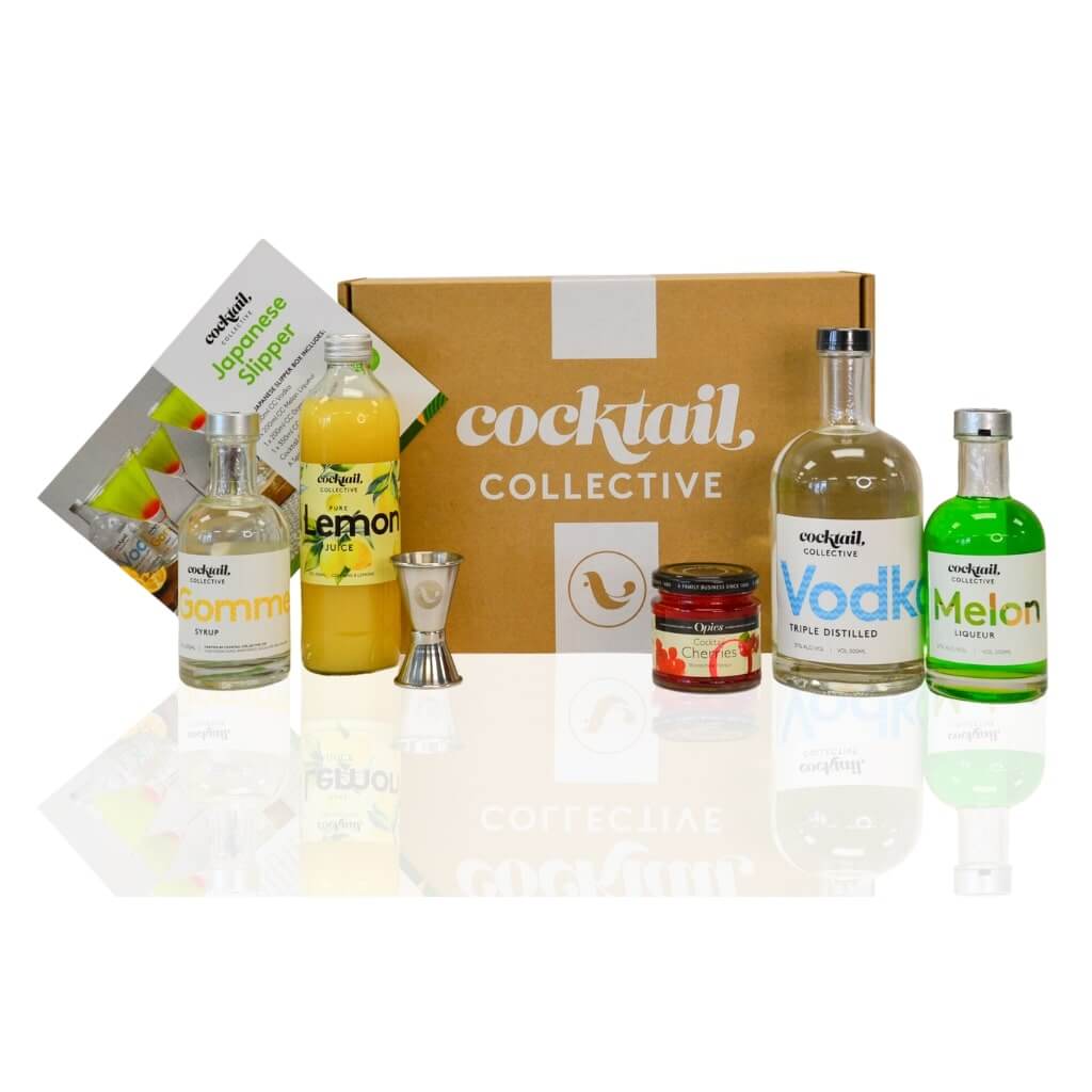 Japanese Slipper cocktail box with Vodka, Melon Liqueur, Lemon Juice, Gomme Syrup