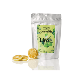 Packet of freeze dried Lime Wheel cocktail garnish from Cocktail Collective
