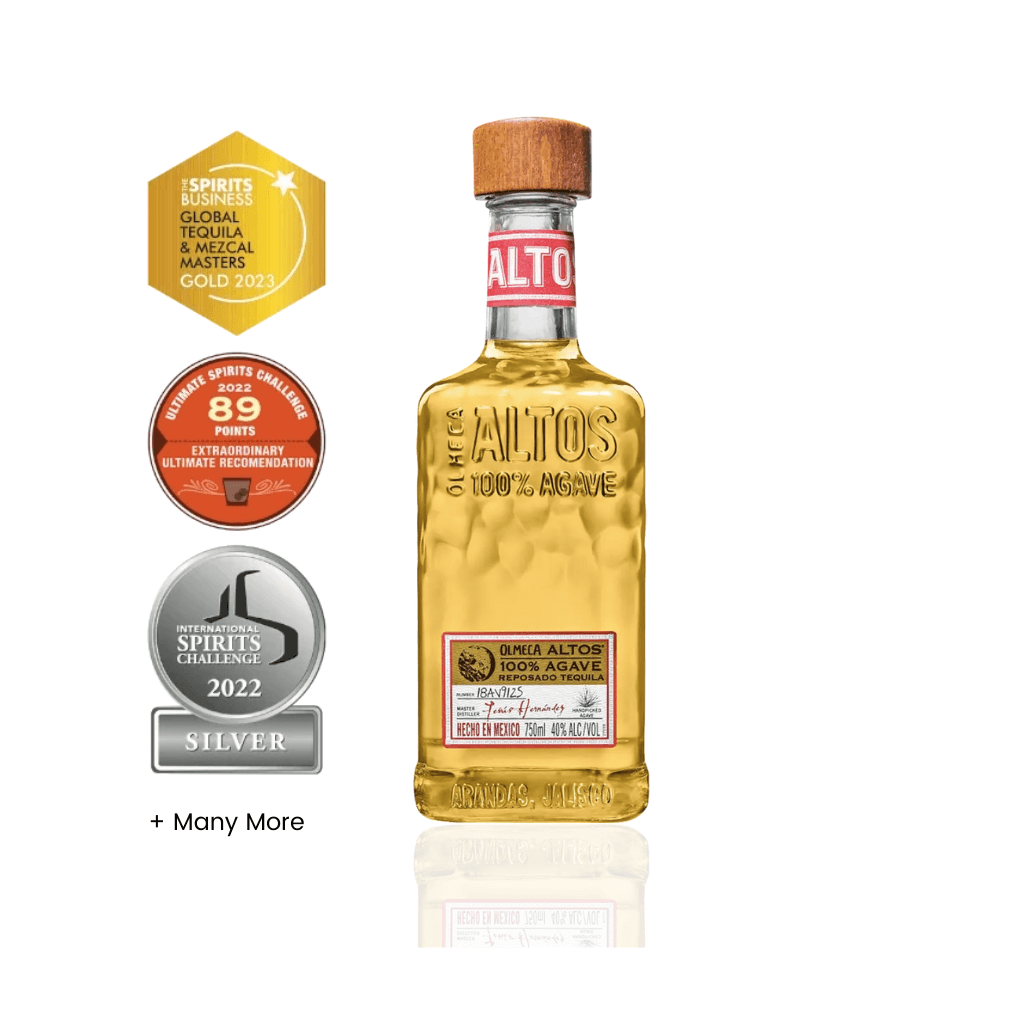 Altos Olmeca Tequila with award badges | Cocktail Collective 