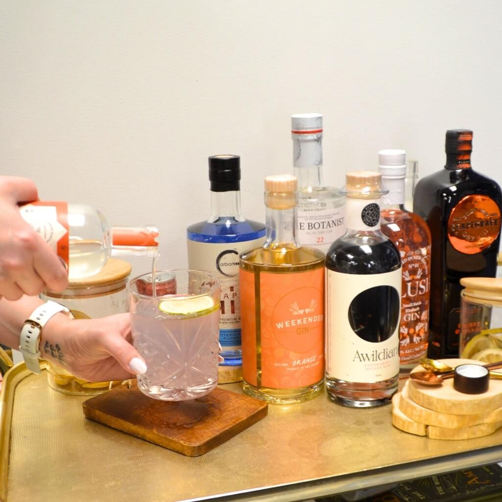 NZ Award-winning Gins displayed on a bar cart