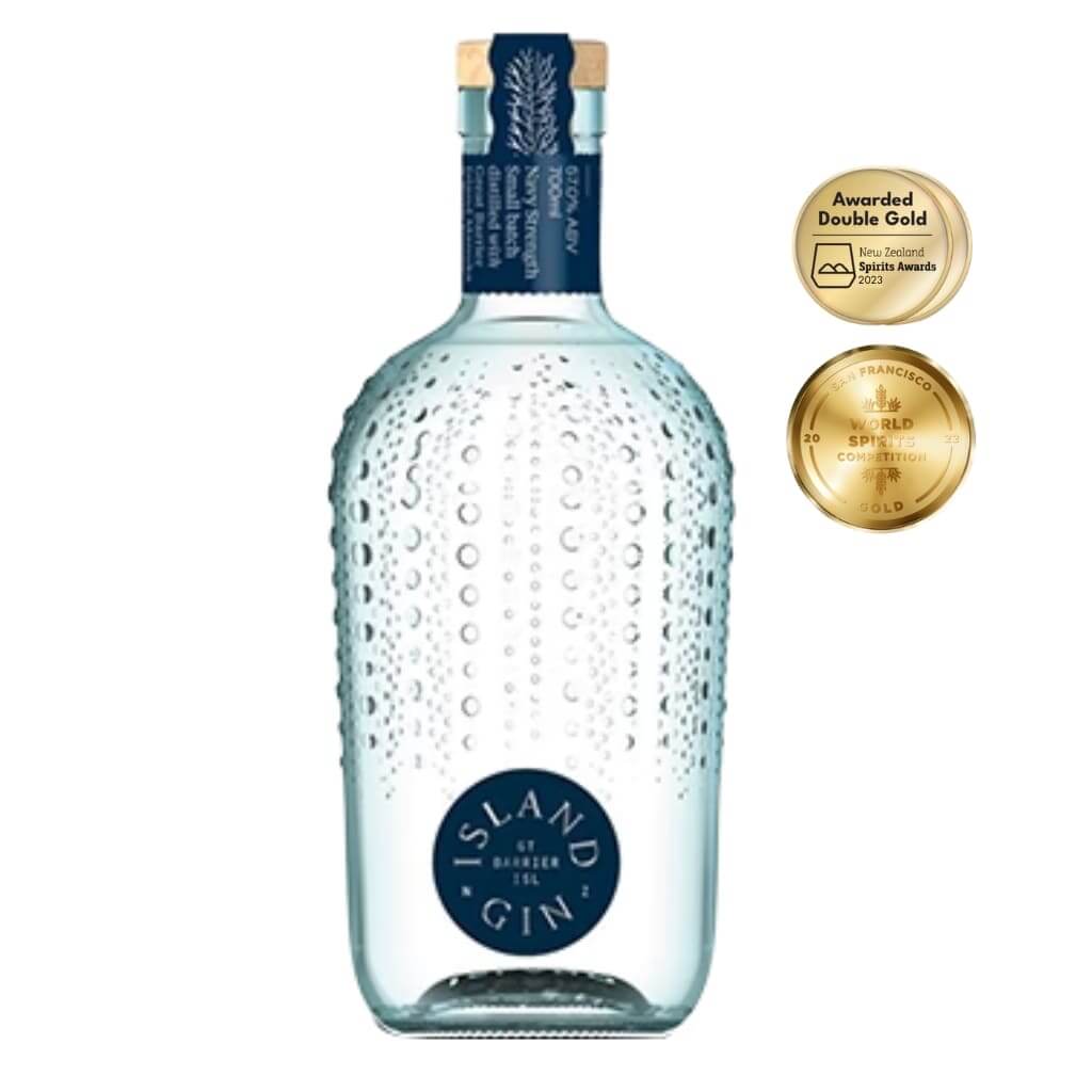 Island Gin's Navy Strength Gin with awards badges