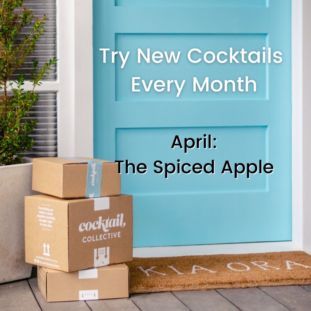 Three cocktail collective cocktail boxes  in front of a blue door with whats on offer this month. 