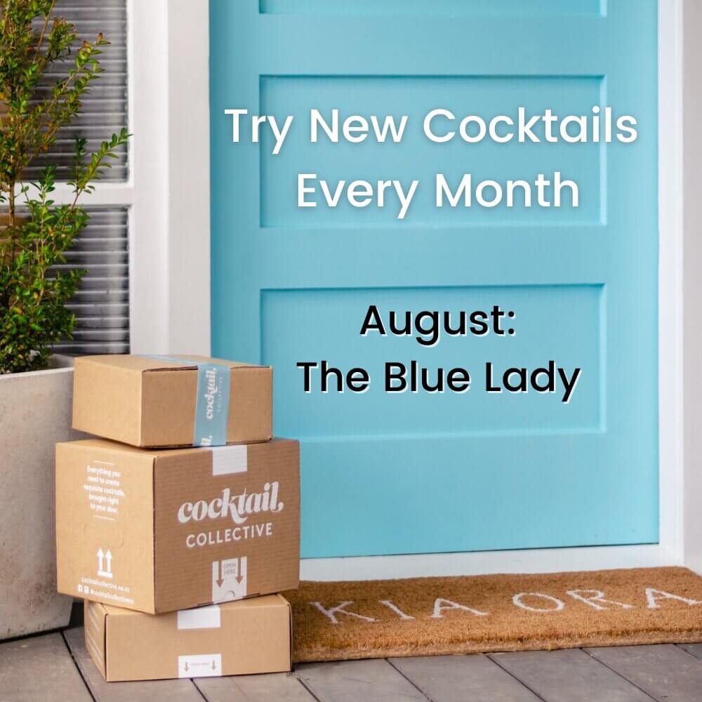 Three cocktail collective cocktail boxes  in front of a blue door with whats on offer this month. 