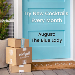 Three cocktail collective cocktail boxes  in front of a blue door with whats on offer this month. 