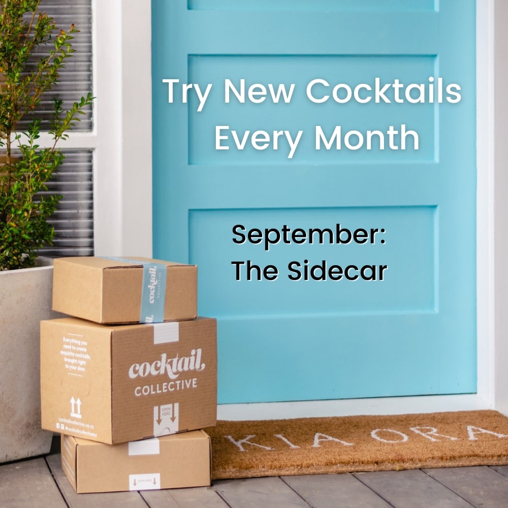 Three Cocktail Collective gift boxes delivered at a blue door with a door mat saying Kia Ora