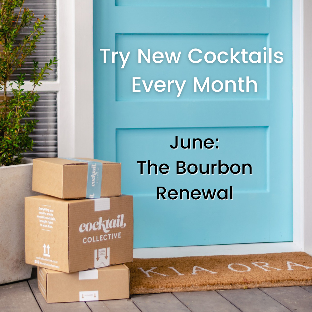 Three cocktail collective cocktail boxes  in front of a blue door with whats on offer this month. 