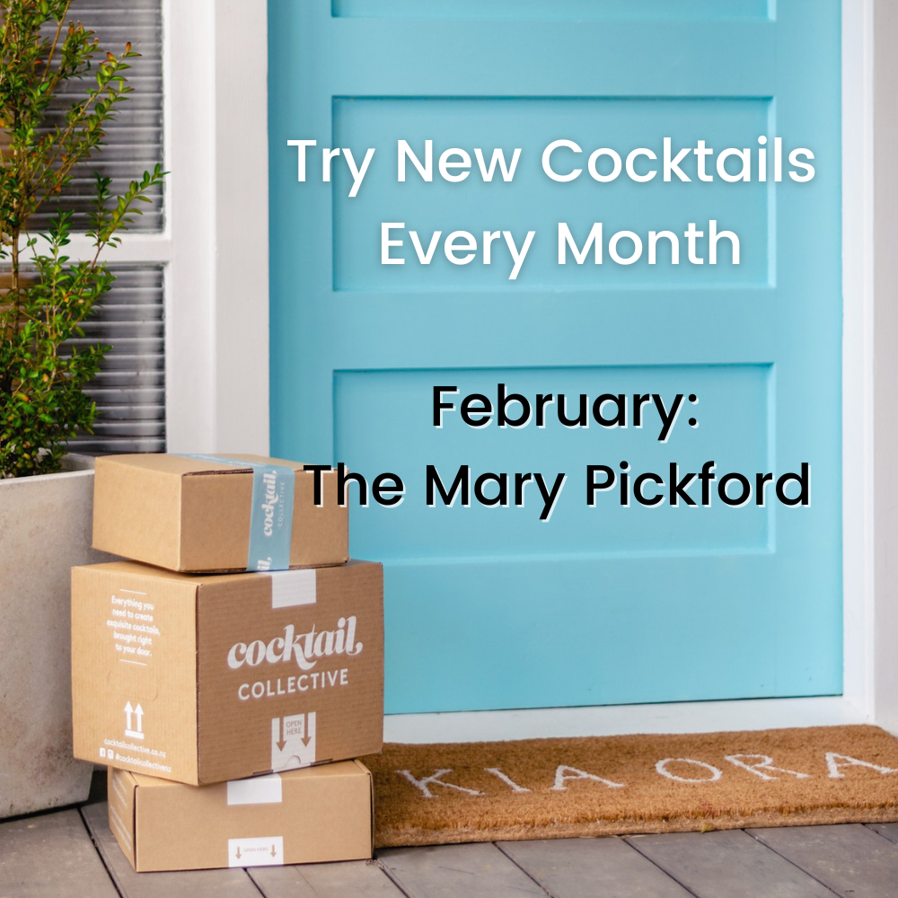 Three cocktail collective cocktail boxes  in front of a blue door with whats on offer this month. 